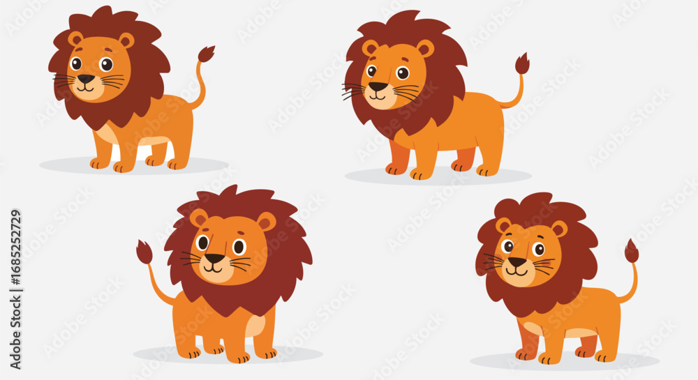Fototapeta premium Four cartoon lions with brown manes stand on a white background in a playful style