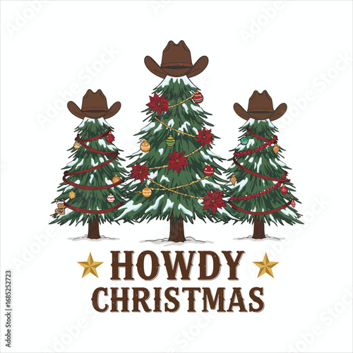 Howdy Christmas Cowboy Hat Trees Illustration