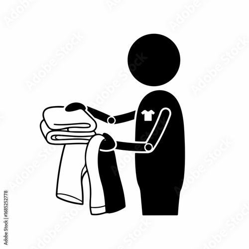 Black silhouette pictogram of a person holding folded laundry.