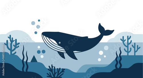 Stylized whale swims gracefully in the ocean surrounded by coral and bubbles art
