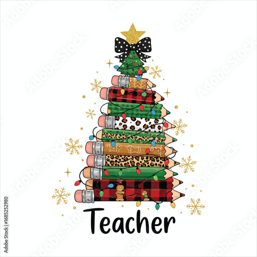 Teacher Christmas Tree Pencil Stack Illustration