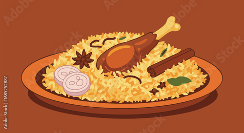 Delicious chicken biryani with rice and spices served on a plate food concept