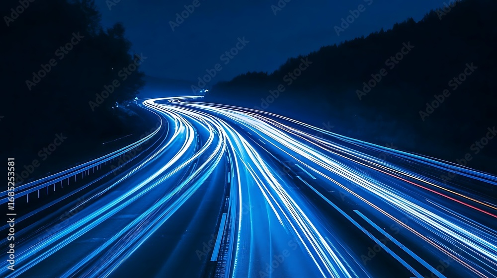 Obraz premium Dark Night Highway Blurred Car Light Trails and Forest Scenery with a Blue Tone