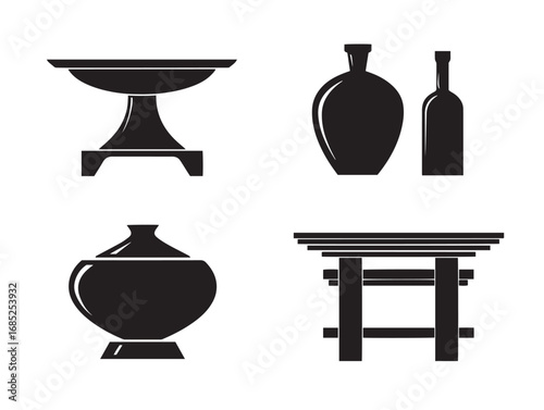 Minimal Furniture Icon Set with Elegant Silhouette Table Vector Illustrations