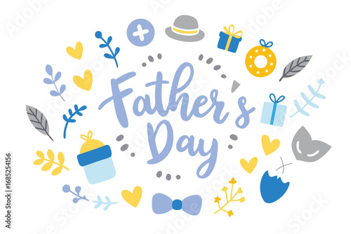 Father's Day Doodle with Hearts, Gifts, Hat, and Blue Lettering on a White Background