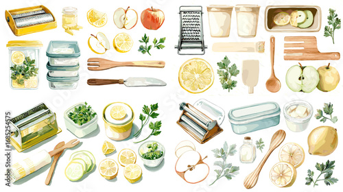 Watercolor cooking ingredients and kitchen tools including apples, lemons, herbs, graters, knives, and jars. Perfect for recipe books, culinary art, and food design.