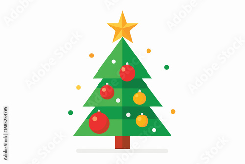 Geometric Christmas Tree with Gold Star Topper and Ornament Decorations Isolated on White