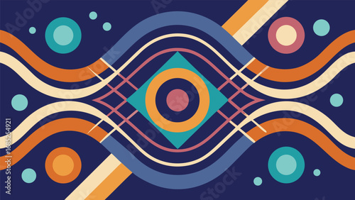 Retro Geometric Abstract Pattern with Waves and Circles in Blue Orange and Yellow background