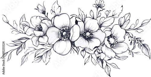 Elegant hand drawn floral arrangement with delicate blossoms and detailed leaves in a classic sketch style
