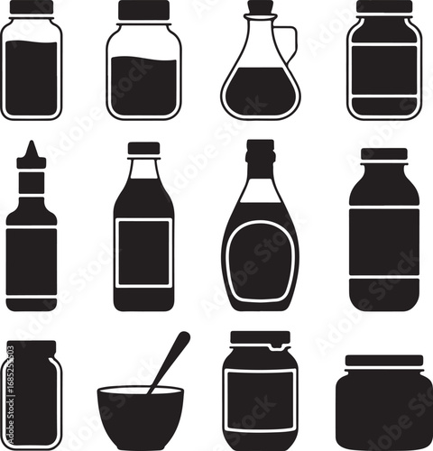 Collection of twelve black silhouette food and drink containers on white bottle glass