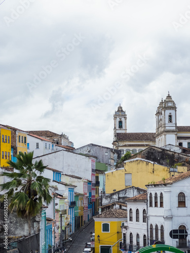 Colorful Colonial Street and Church Towers in Pelourinho, Salvador de Bahía, Brazil