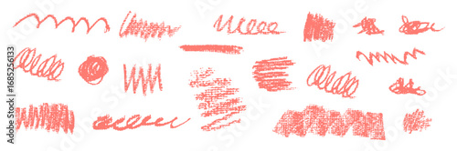 Set of vector freehand red strokes featuring bold thick smears, curl and swirl waves, scratchy traces, and pop decorative scrawls. Chalkboard stain effect adds a creative rough handmade touch.