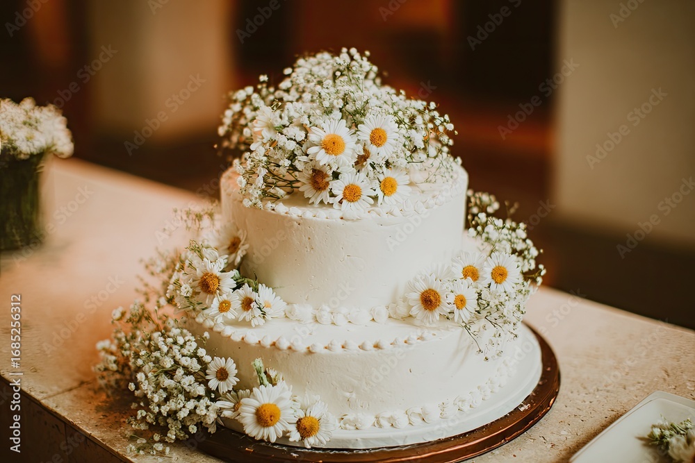 Fototapeta premium Elegant three-tiered wedding cake adorned with daisies and small flowers.