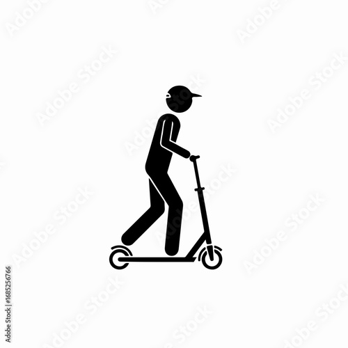 Simple black icon of a stick figure riding a kick scooter.