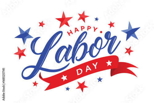 Patriotic Happy Labor Day Illustration with Red Ribbon and Blue and Red Stars
