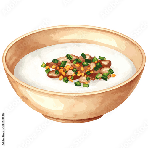 Watercolor Illustration of Chao – Traditional Vietnamese Rice Porridge with Herbs