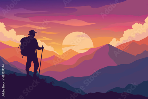 Silhouette Hiker with Backpack and Staff Enjoying Mountain View at Sunset, Illustration