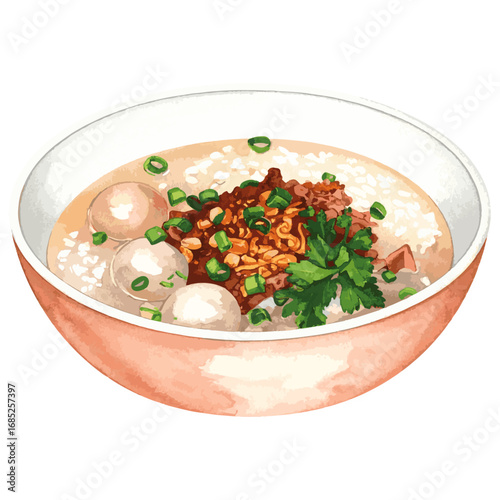 Watercolor Illustration of Chao – Traditional Vietnamese Rice Porridge with Herbs