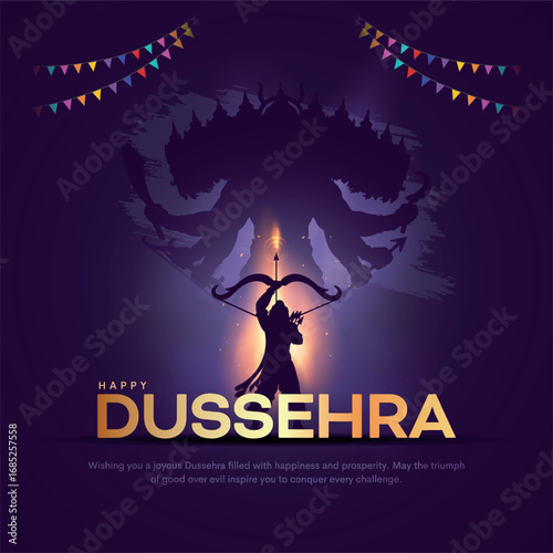 Happy Dussehra festival of India poster design. Lord Rama killing Ravana. Creative vector illustration.