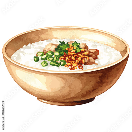 Watercolor Illustration of Chao – Traditional Vietnamese Rice Porridge with Herbs