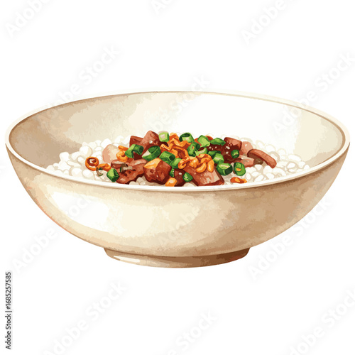 Watercolor Illustration of Chao – Traditional Vietnamese Rice Porridge with Herbs