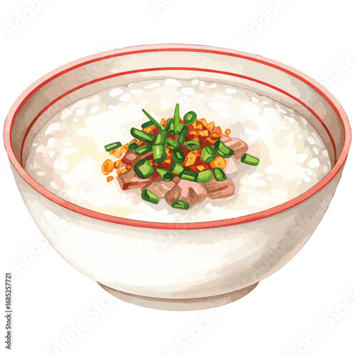 Watercolor Illustration of Chao – Traditional Vietnamese Rice Porridge with Herbs