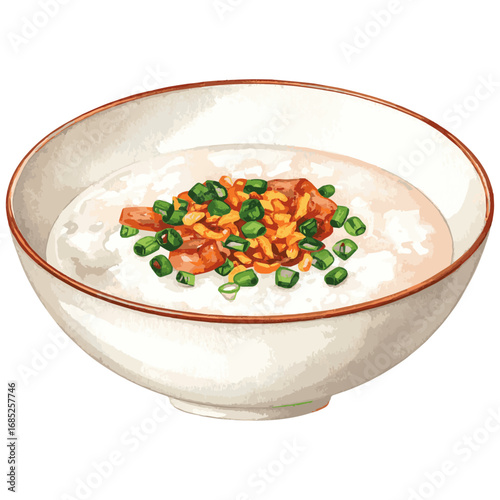 Watercolor Illustration of Chao – Traditional Vietnamese Rice Porridge with Herbs