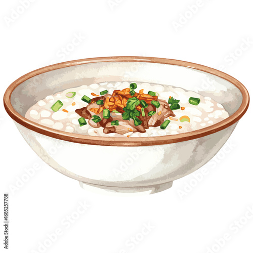 Watercolor Illustration of Chao – Traditional Vietnamese Rice Porridge with Herbs