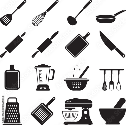 Collection of black kitchen utensil icons on white background Keywords: kitchen, utensils
