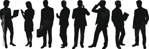 Wallpaper Mural Silhouettes of business professionals using technology, smartphones, laptops, tablets, standing in corporate office attire, communication and teamwork concept illustration Torontodigital.ca