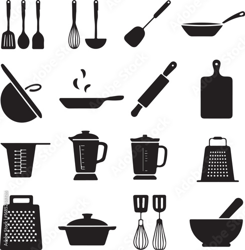 Assorted black kitchen utensil icons on a white background Keywords: kitchen, utensils, cooking