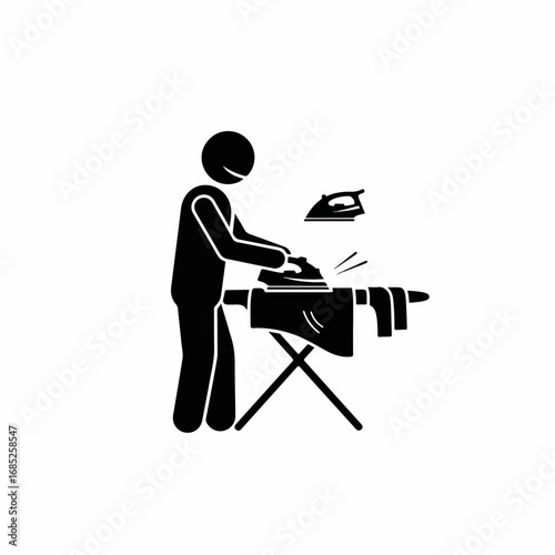 Stick figure man ironing clothes on an ironing board pictogram.