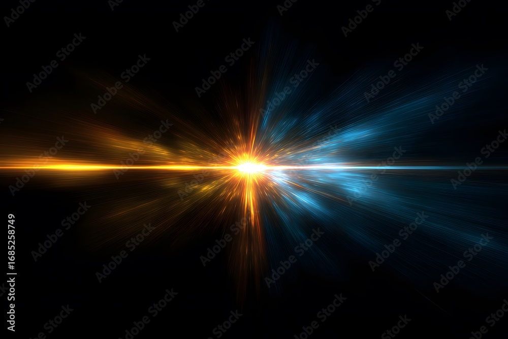Obraz premium A black background with blue and yellow light streaks coming from the center, creating an abstract cosmic effect.