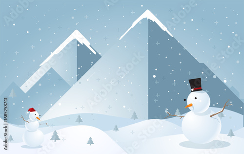 Snowy mountain landscape with two happy snowmen