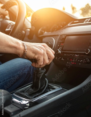 Driver hand shifts automatic transmission gear stick in car