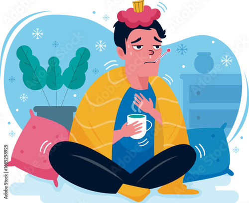 Sick man with fever and flu symptoms sitting at home