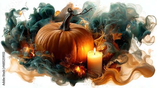 a big halloween pumpkin with strong candle glow coming out if it with swirls of green smoke around and above it isolated on a cream infinity curve