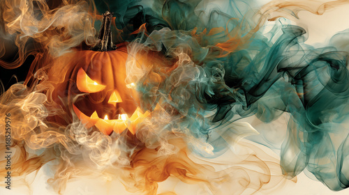 a big halloween pumpkin with strong candle glow coming out if it with swirls of green smoke around and above it isolated on a cream infinity curve