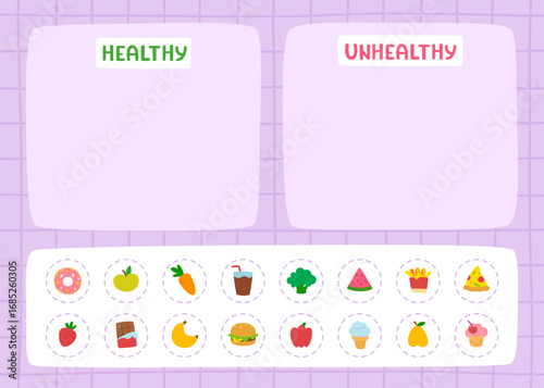 Matching game for kids with healthy and unhealthy food stickers.