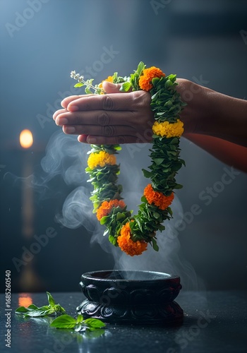 Pre-dawn Devotion: Aged Hands Offering Sacred Tulsi and Marigold Garland to Shani Dev in Ancient Temple's Cool Light