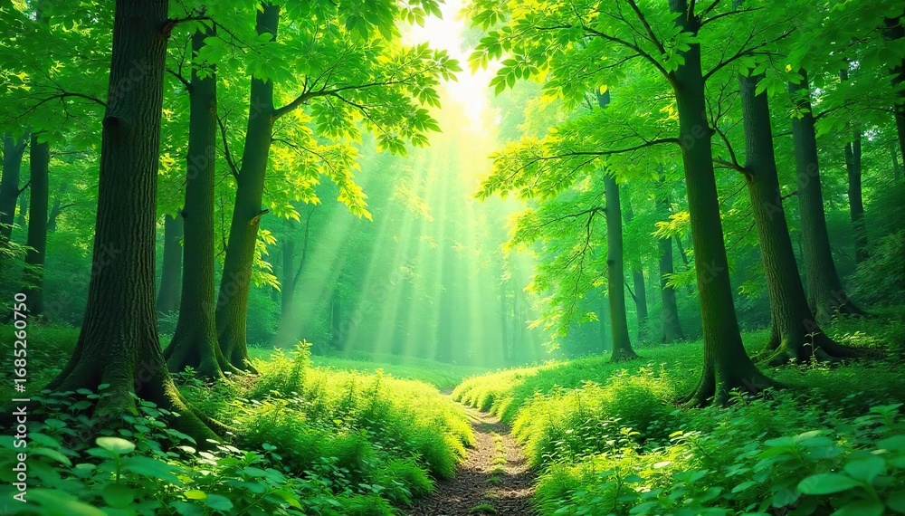 Obraz premium Lush green forest canopy, dappled sunlight filtering through leaves, vibrant green foliage, tranquil atmosphere, peaceful nature scene, dense woodland, rich biodiversity , trees, biodiversity