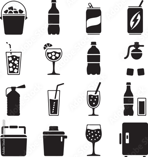 Collection of beverage and cooler icons in black silhouette drink ice bucket