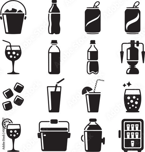 Variety of drink and cooler icons in black silhouette beverage ice bucket