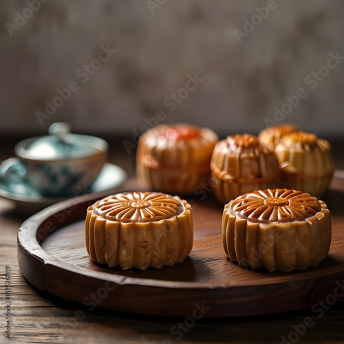 Mid-Autumn Festival: Exquisite Mooncakes on Rustic Wooden Tray – A Delicious Celebration