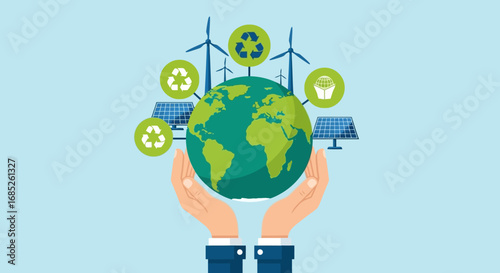 Protecting our planet: Sustainable energy and recycling initiatives surround the Earth.