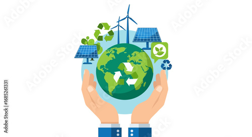 Hands cradling a globe with solar panels, wind turbines, and recycling symbols, promoting environmental sustainability.
