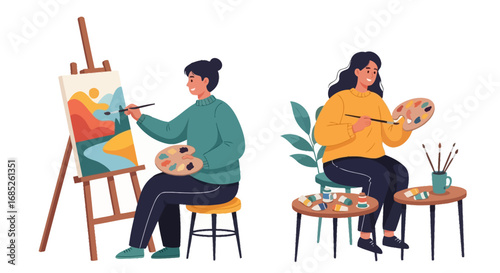 Two women artists painting, one at an easel, the other mixing paints.