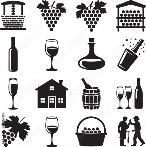 Collection of wine and vineyard icons in black silhouette grapes bottle