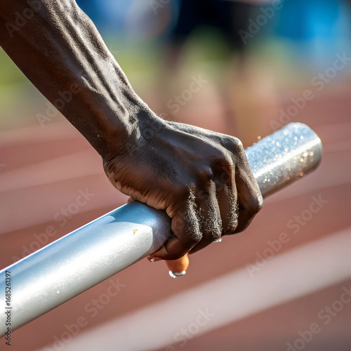 Relay Race: Close-up of Athlete's Hand Gripping Baton on Running Track