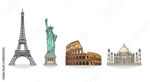 A detailed illustration set of famous international landmarks representing global travel and tourism destinations